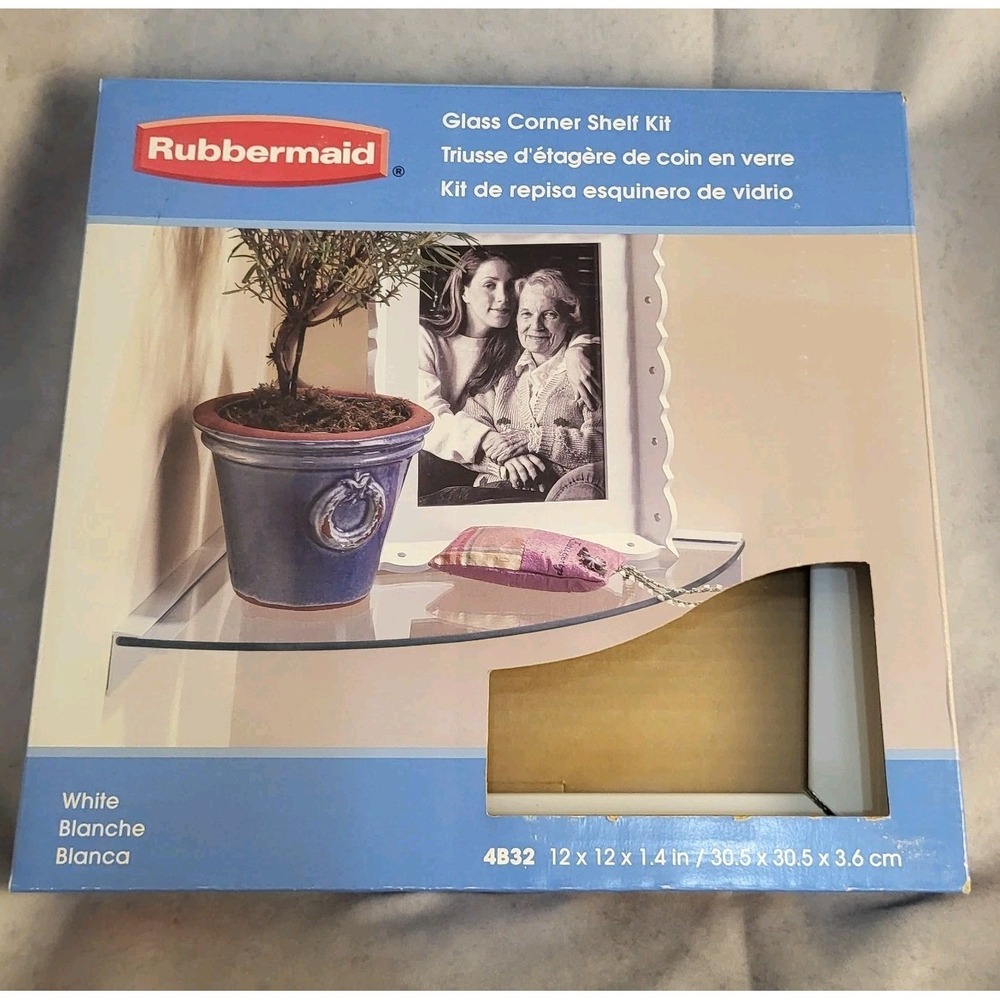 New In Box 2004 Rubbermaid Glass Corner Shelf Kit, 12 X 12 X 1.4" White Frame